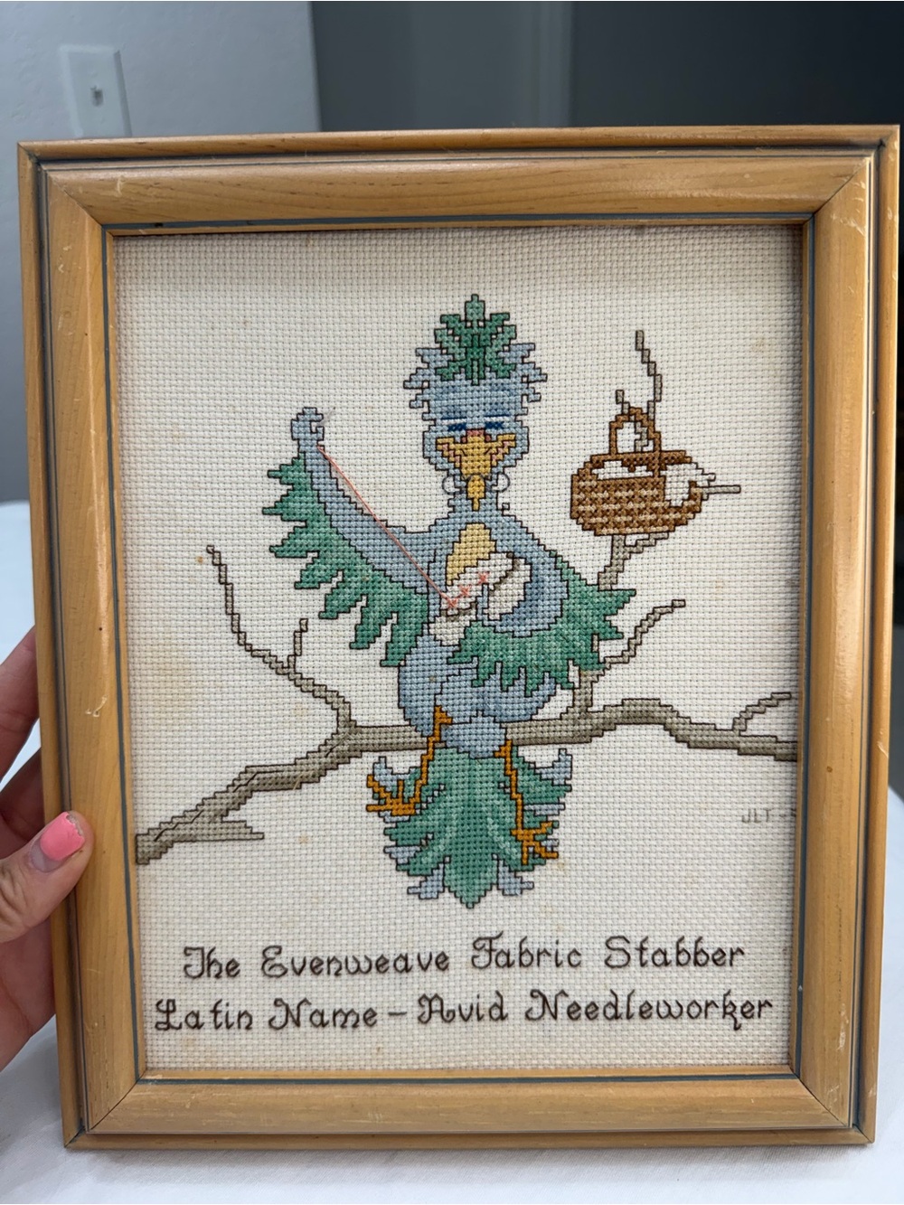 Hand-stitched Bird Cross Stitch Wall Art in Green and Blue